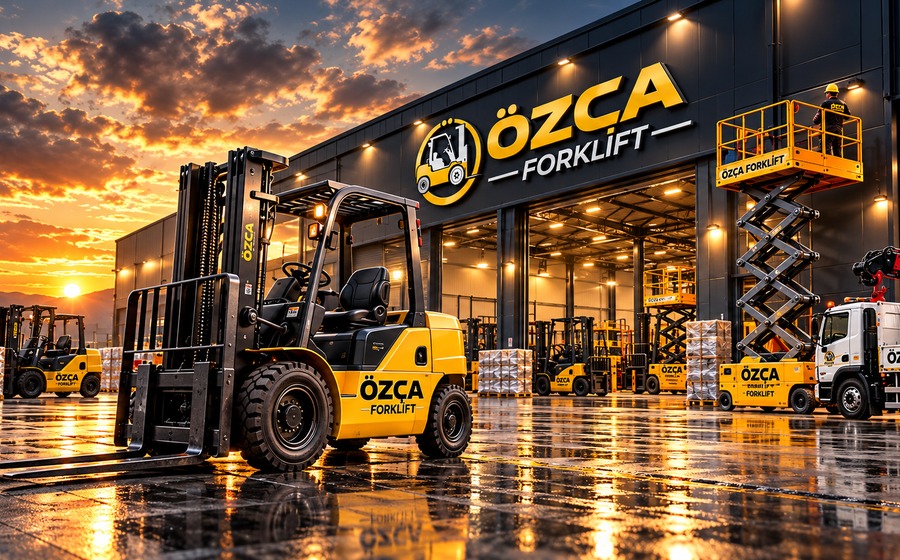 ÖZÇA FORKLİFT markalı forklift ve manliftlerin yer aldığı görsel